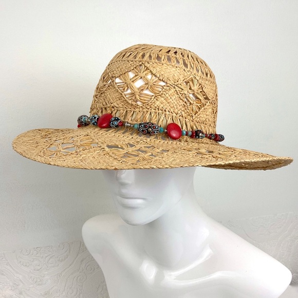 Vintage straw open weave sun hat with custom beaded band M/L beach resort wear - Picture 2 of 12